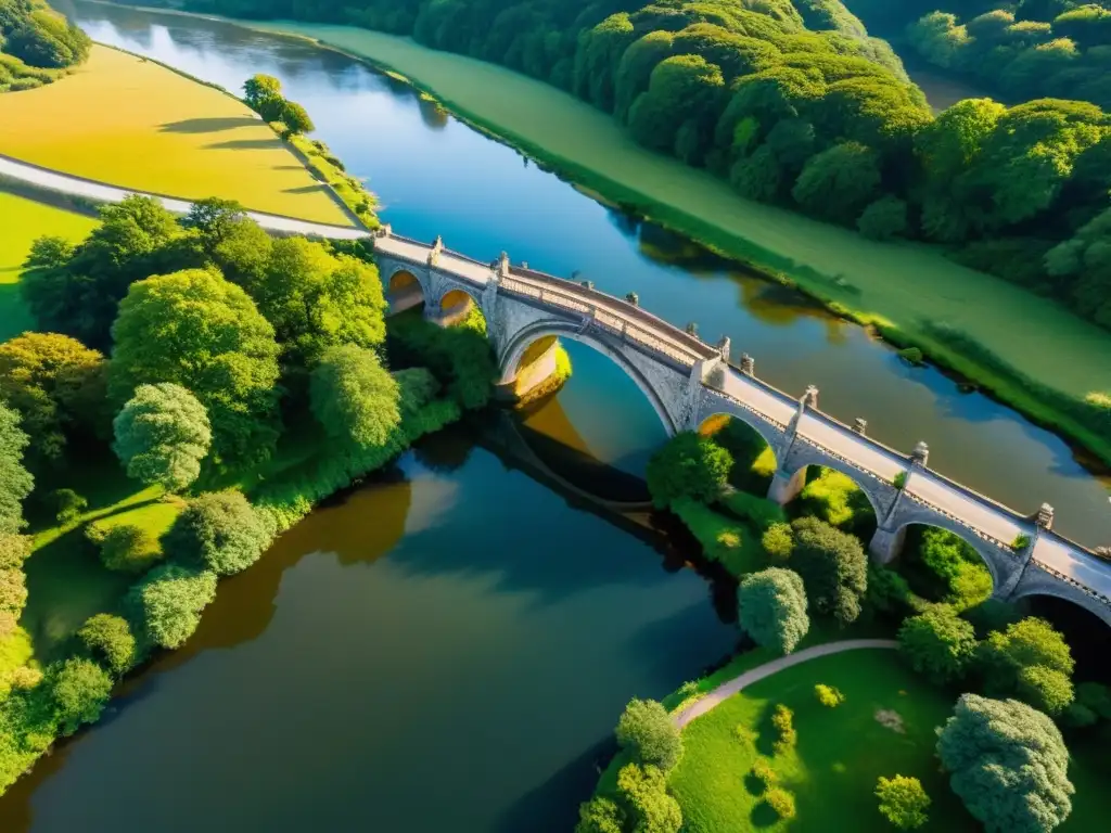 Vista aérea de un puente de piedra centenario sobre un río tranquilo al amanecer, destacando detalles y el potencial de restauración con drones