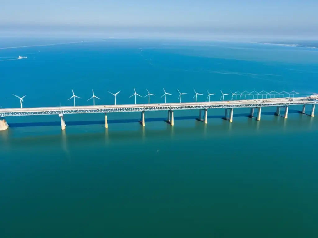 Vista aérea del puente de la Bahía de Chesapeake en construcción, destacando prácticas sostenibles