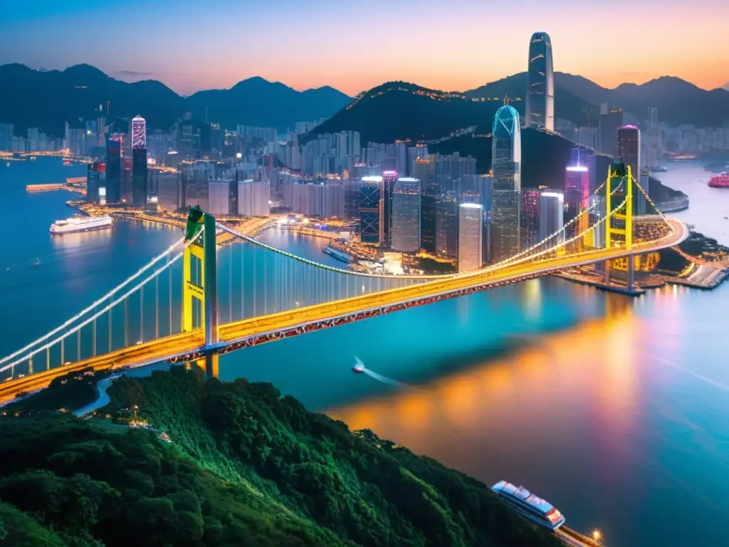 Vista aérea del Puente de Tsing Ma Hong Kong con la ciudad iluminada al atardecer