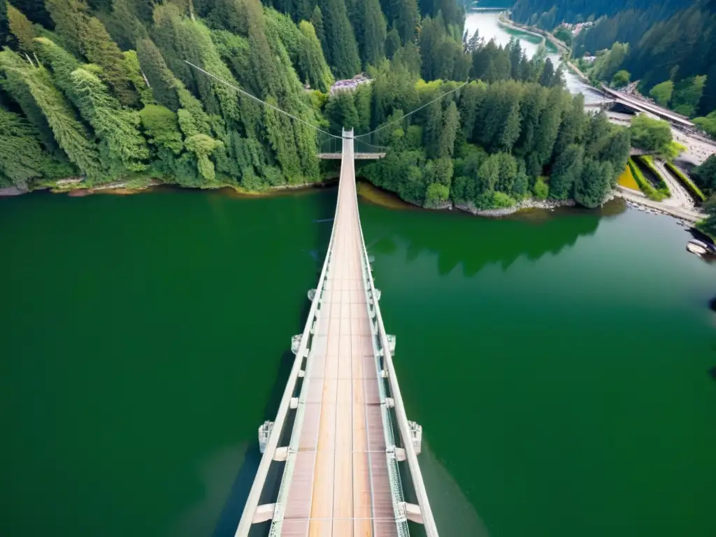 Vista aérea del puente colgante Capilano, destacando su arquitectura e integración con la naturaleza en el exuberante valle del río Capilano