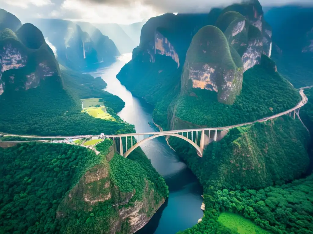 Vista aérea del Puente de la Confianza sobre el Cañón del Sumidero, en la Ruta senderismo Puente de la Confianza, con impresionante paisaje natural