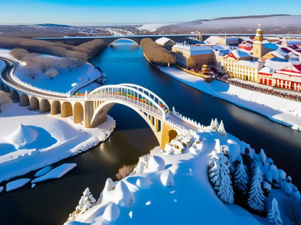 Vista aérea del Puente de la Confusión cubierto de nieve en el Festival de Hielo y Nieve