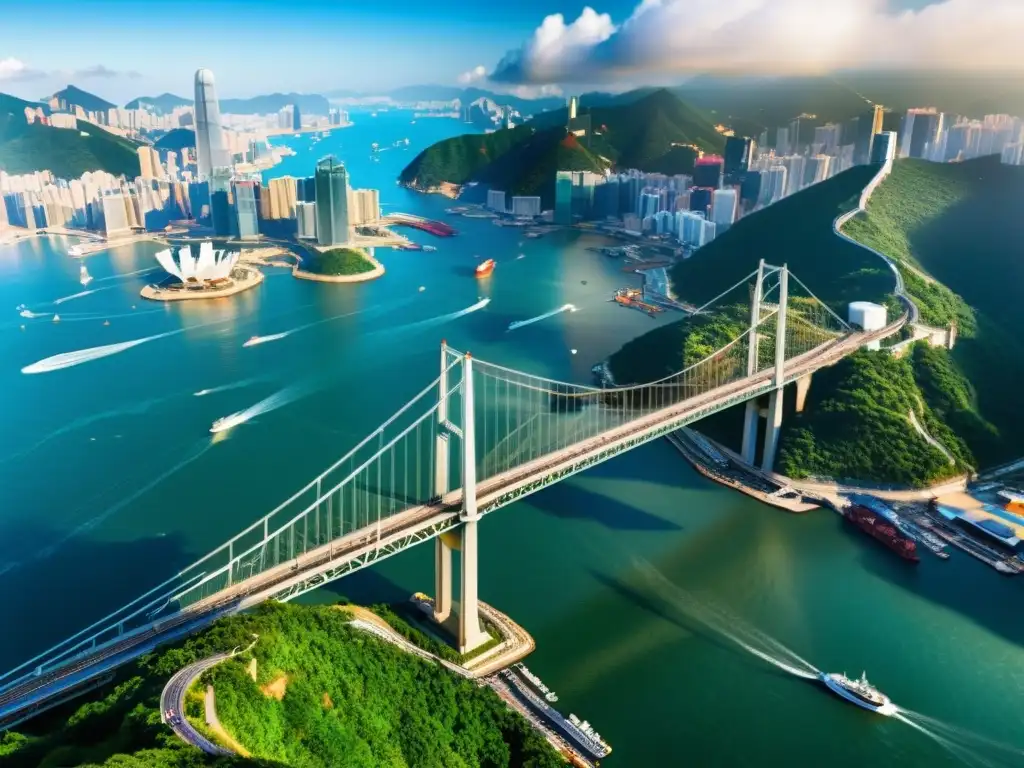 Vista aérea del Puente de Tsing Ma en Hong Kong, con detalles estructurales y paisaje urbano, reflejando su importancia como conexión entre distritos