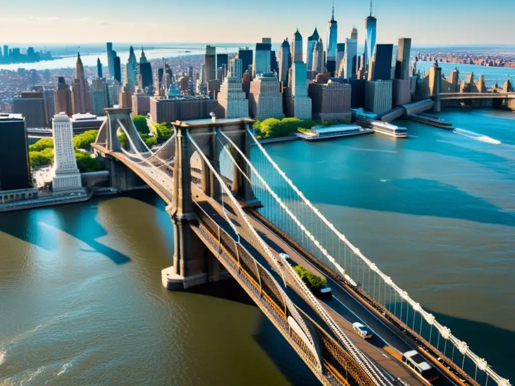 Vista aérea del Puente de Brooklyn con detalles góticos y el bullicio de la ciudad