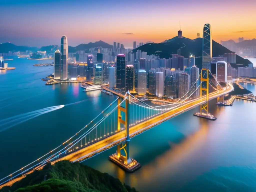 Vista aérea del Puente de Tsing Ma Hong Kong, con su diseño geométrico y la ciudad al fondo, bañado por la cálida luz del atardecer