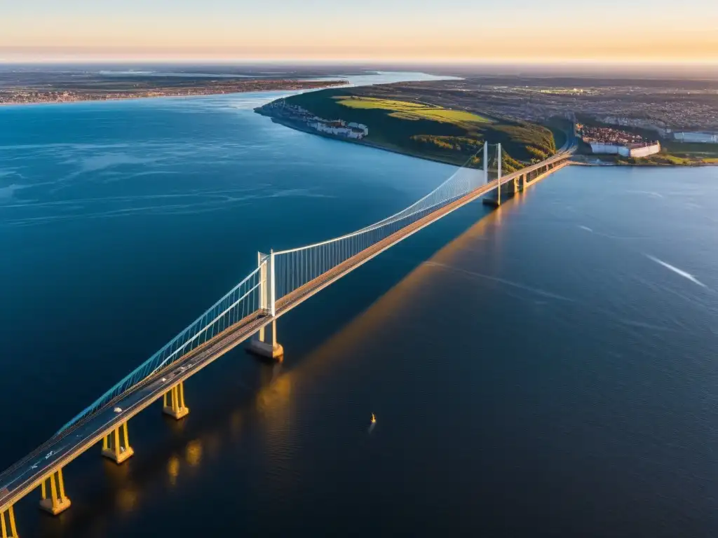 Vista aérea en 8k del Puente Oresund en dorada luz del atardecer, mostrando su impresionante arquitectura y fusión con el paisaje natural