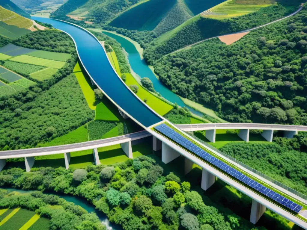 Vista aérea de un puente ecoamigable moderno que se integra armoniosamente con la exuberante naturaleza del valle