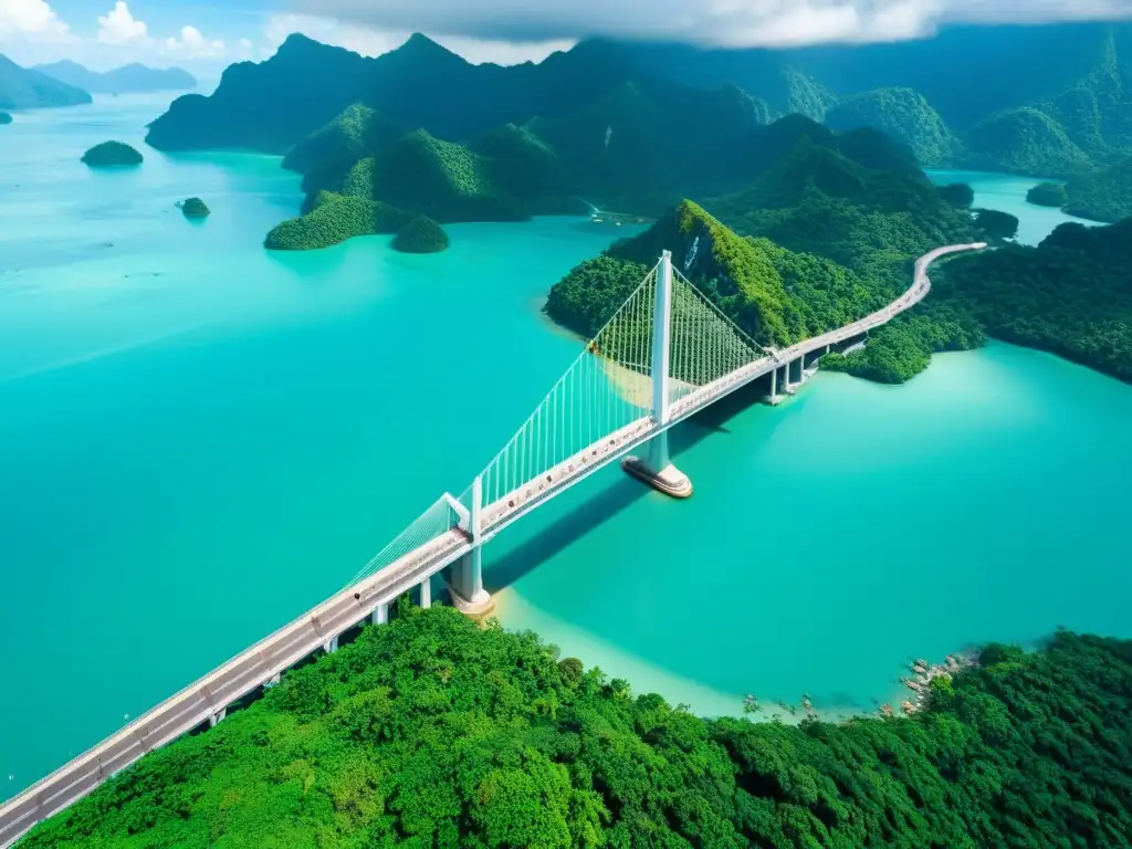 Vista aérea 8K del Puente Langkawi Sky, con sus elegantes curvas integradas en la exuberante naturaleza y aguas turquesas