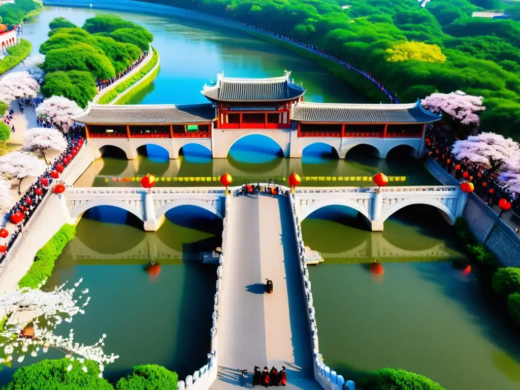 Vista aérea del Puente Zhaozhou en Festival Qingming, con arcos de piedra, linternas rojas y gente vestida tradicionalmente cruzando el puente