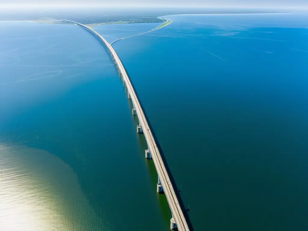 Vista aérea del Puente de Lake Pontchartrain Causeway resaltando su grandiosa arquitectura y la historia que lo rodea