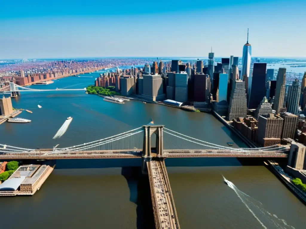 Vista aérea del Puente de Brooklyn sobre el East River, destacando su grandiosidad arquitectónica y su impacto histórico en Nueva York