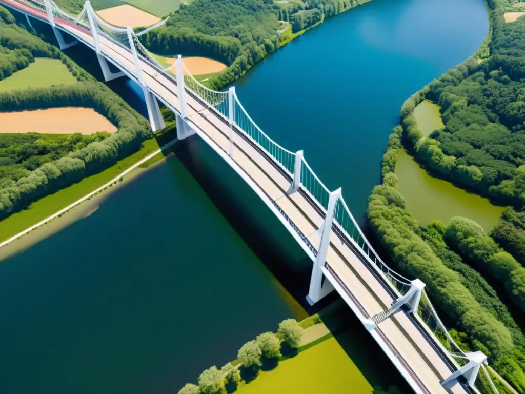 Vista aérea de un puente híbrido moderno sobre un río, reflejando la armonía entre naturaleza y materiales híbridos en puentes