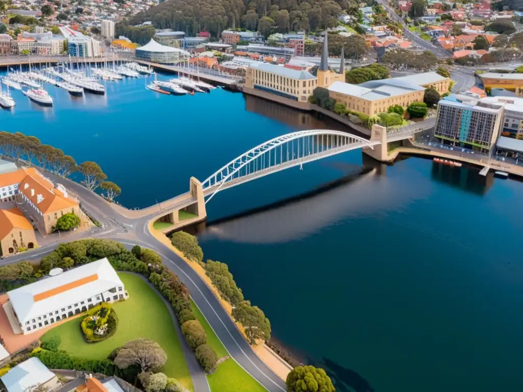 Vista aérea del Puente de la Bahía de Hobart, fusionando historia y arquitectura con la ciudad de Tasmania al fondo