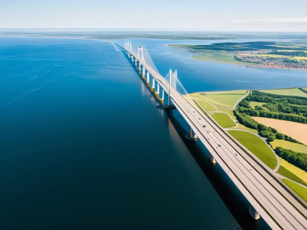 Vista aérea del Puente de Øresund, uniendo historia y arquitectura sobre aguas relucientes, con una estructura moderna y elegante