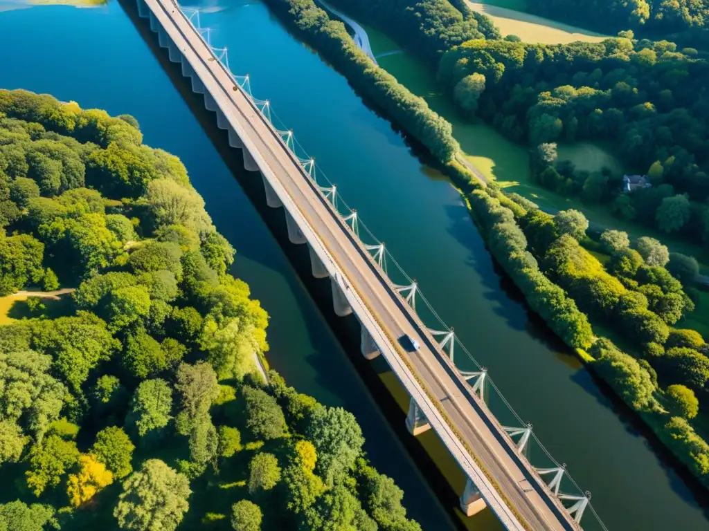 Vista aérea de puente histórico sobre río, conectando comunidades