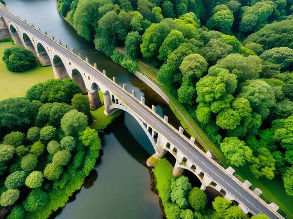 Vista aérea de un puente histórico en restauración, capturada por un dron