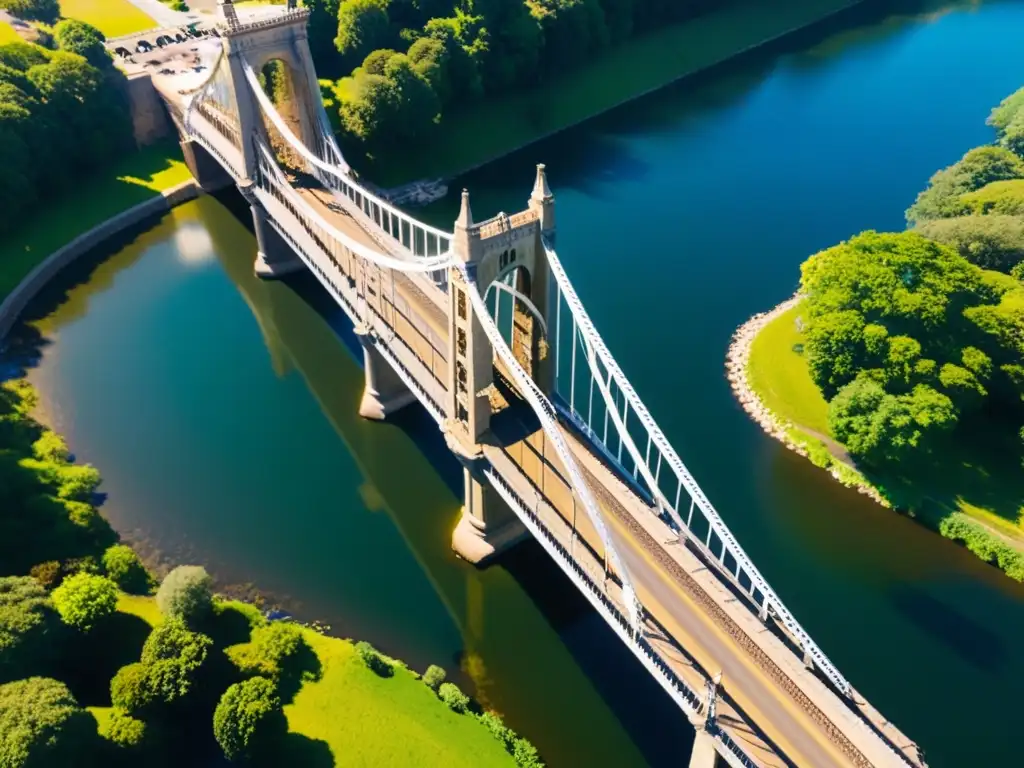 Vista aérea de puente histórico mostrando restauración con drones