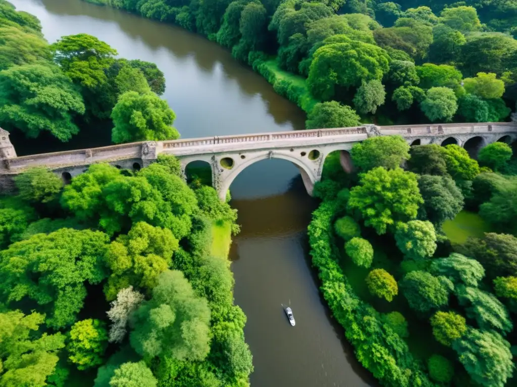 Vista aérea de un puente histórico de piedra con drones capturando detalles para restauración