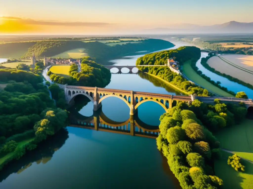 Vista aérea en 8k de un puente histórico bañado por la cálida luz del sol