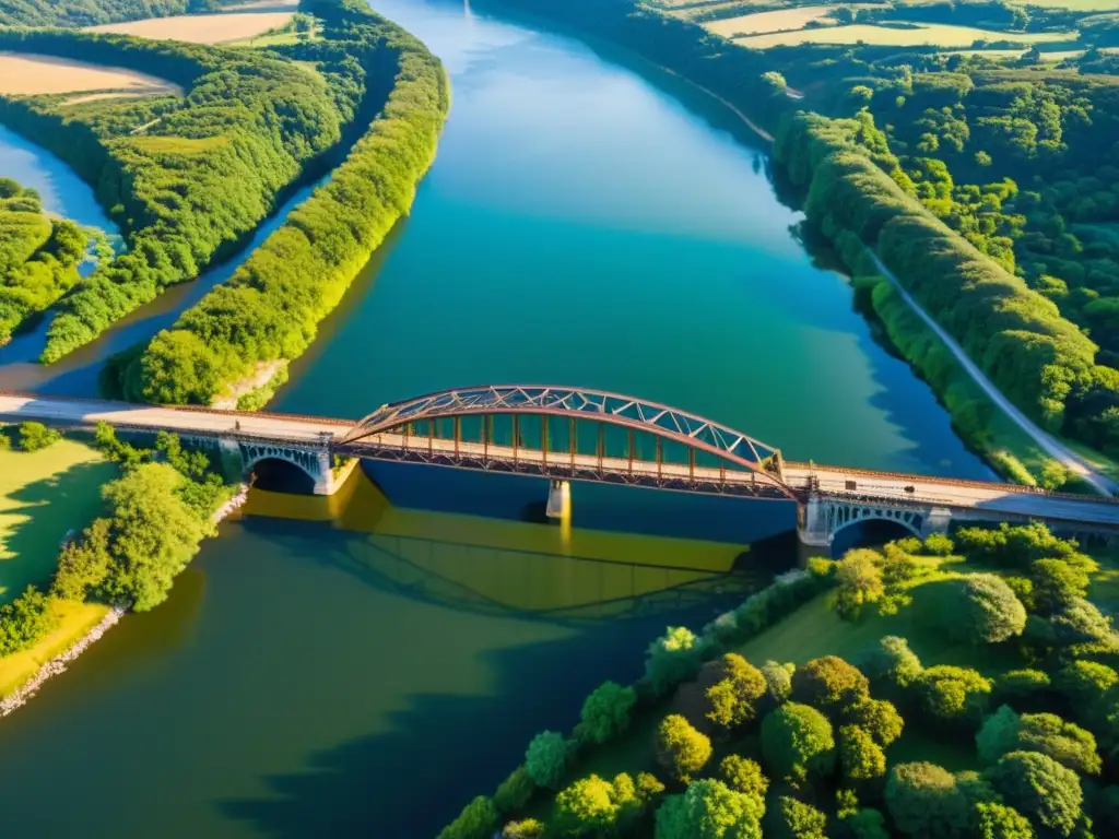 Vista aérea de puente histórico del siglo XIX sobre río, bañado por cálida luz, evocando la grandeza de los puentes históricos de la era del vapor