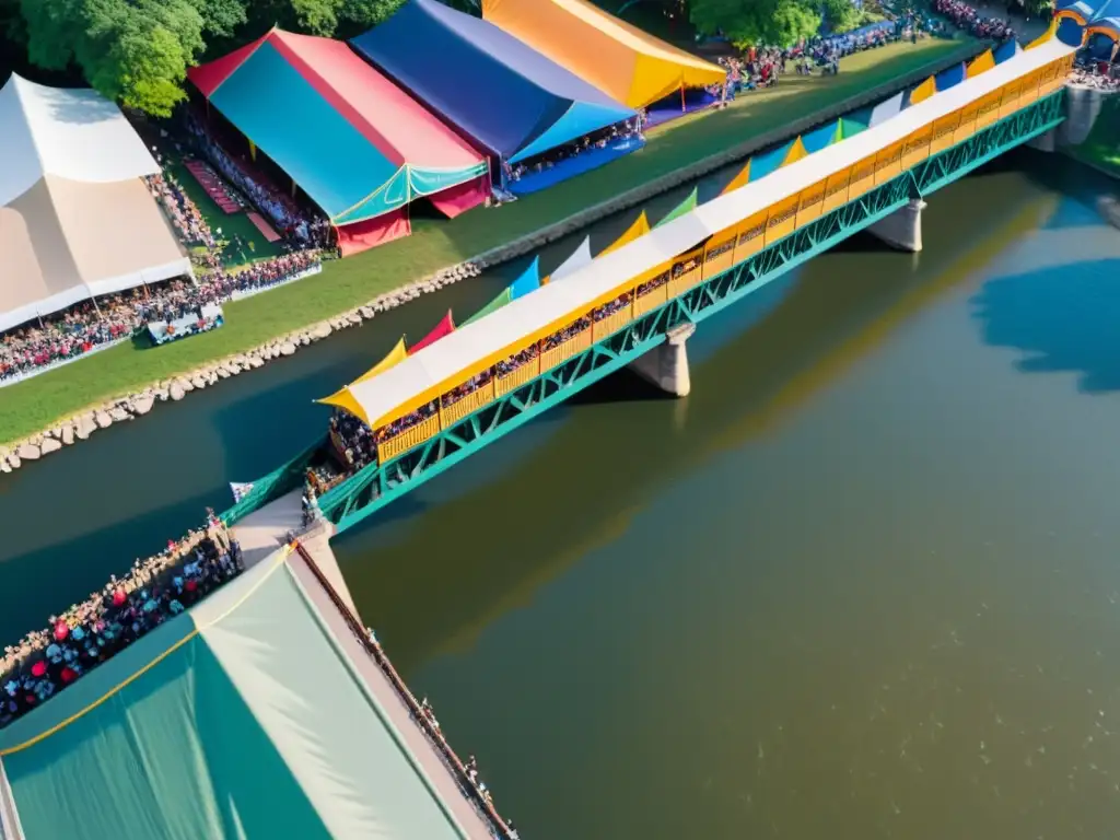 Vista aérea de un puente histórico en festival cultural a orillas del río