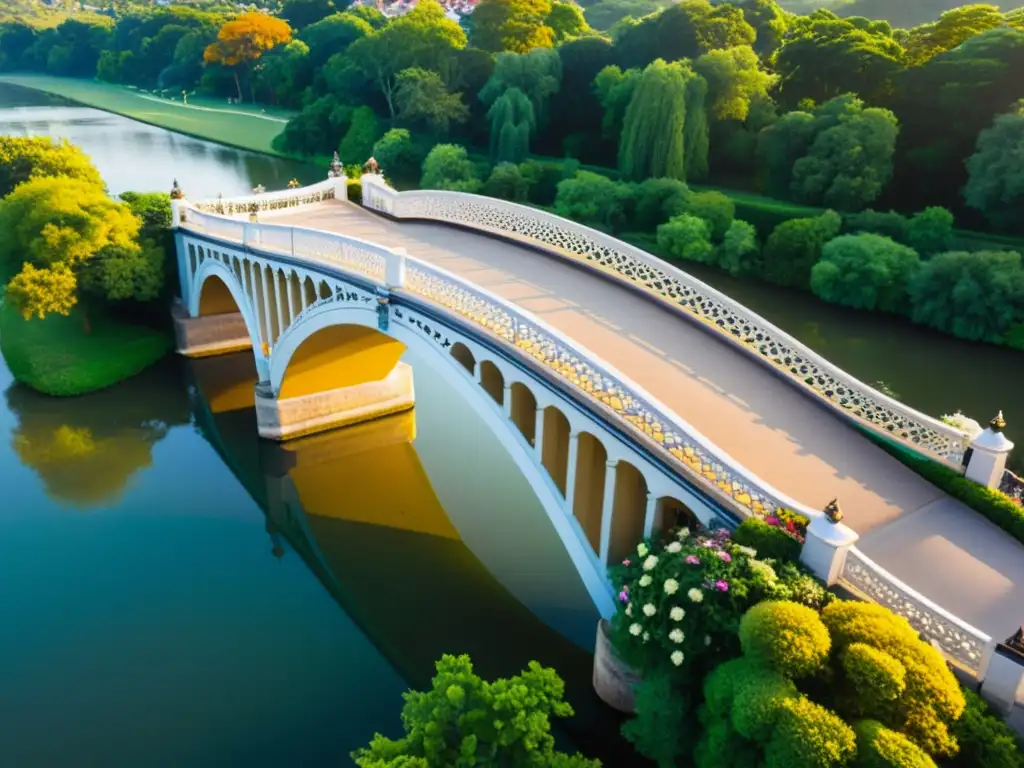 Vista aérea de puente ornamental histórico sobre río tranquilo rodeado de naturaleza exuberante al atardecer