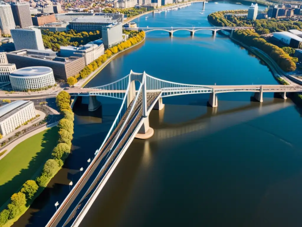 Vista aérea de un puente icónico, destacando su diseño estructural y líneas arquitectónicas