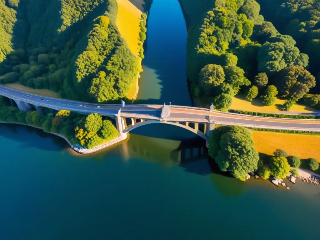 Vista aérea de un puente icónico, resaltando su grandeza arquitectónica y la innovación de los drones en conservación de puentes icónicos