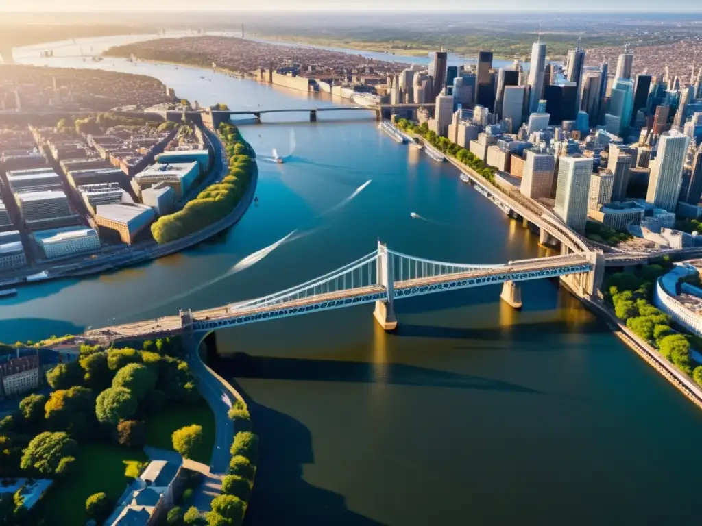 Vista aérea de puente icónico en la ciudad, reflejos de luz y actividad urbana