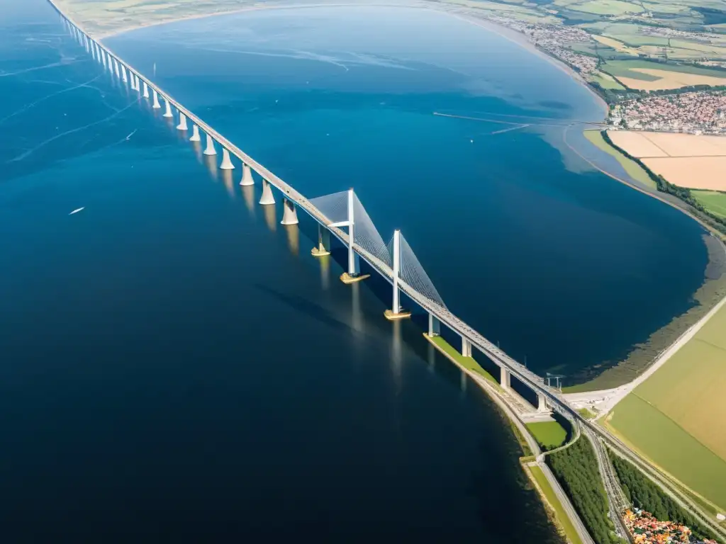 Vista aérea de puente icónico conectando Dinamarca y Suecia sobre aguas tranquilas, con paisajes contrastantes al fondo