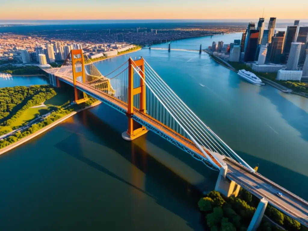 Vista aérea de un puente icónico con detalles arquitectónicos, cables de acero relucientes y un atardecer vibrante