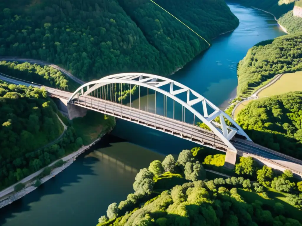 Vista aérea de un puente icónico sobre un cañón, resaltando su estructura de acero y entorno natural