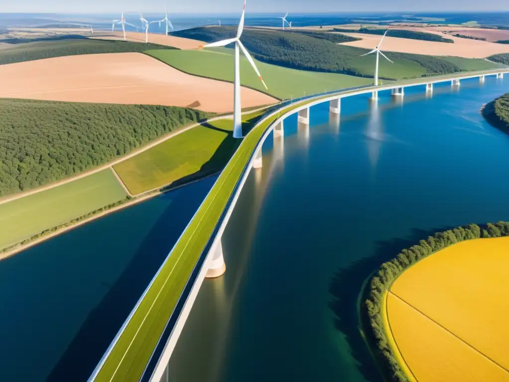 Vista aérea de un puente icónico con generación de energía solar y eólica en un paisaje vibrante y soleado