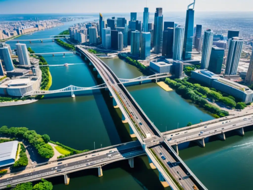 Vista aérea de un puente icónico sobre un río, con tráfico y paisaje urbano