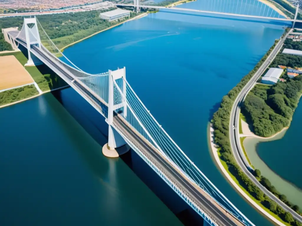 Vista aérea de un puente icónico con sensores en su moderna estructura, reflejando la luz sobre el agua azul vibrante