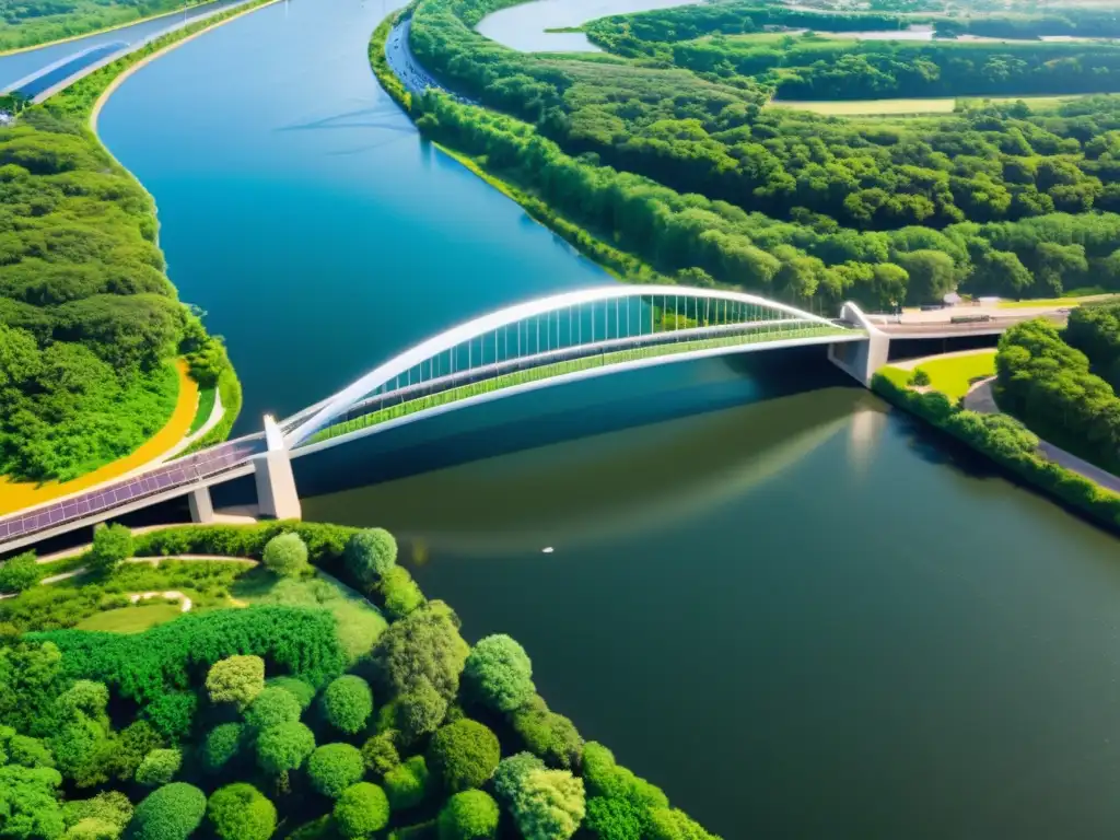 Vista aérea de puente icónico con diseño sostenible, integrando naturaleza