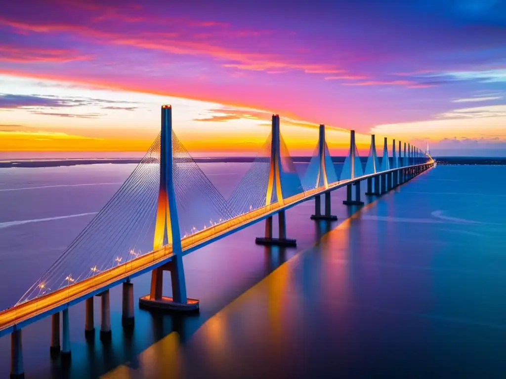 Vista aérea del puente Sunshine Skyway en Florida, con su impactante arquitectura y reflejos del atardecer en el agua