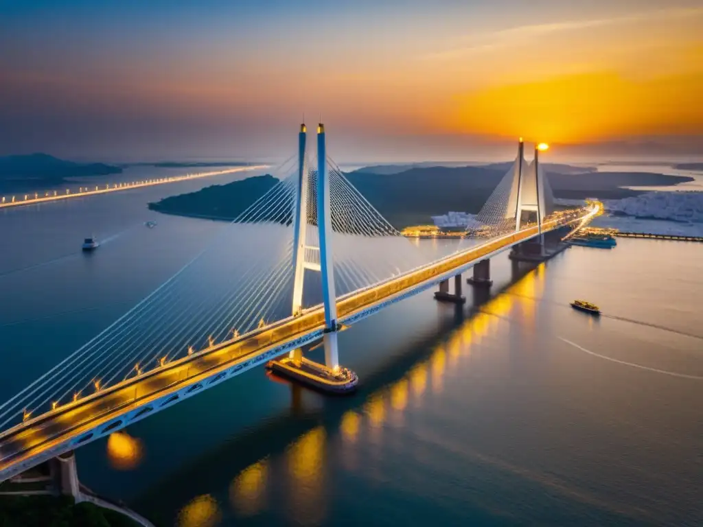 Vista aérea del Puente Suramadu en Indonesia, bañado por la cálido sol poniente y contrastando con barcos tradicionales, simbolizando progreso