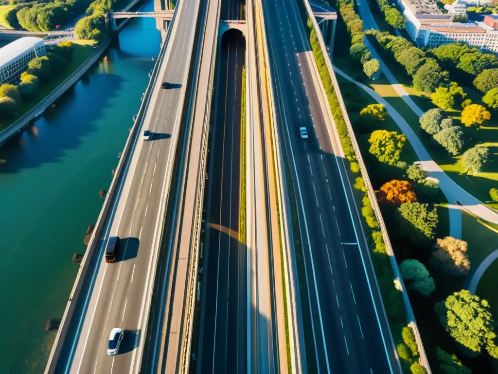 Vista aérea de un puente con intenso tráfico urbano de autos y camiones, reflejando la energía y uso de puentes en Apps tráfico