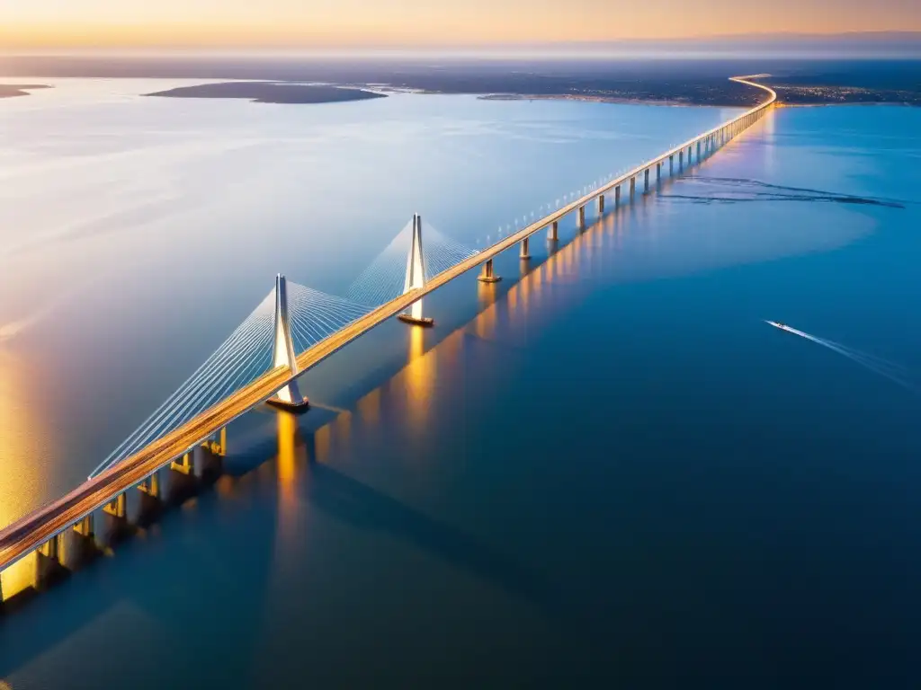 Vista aérea del puente más largo del mundo con ingeniería revolucionaria, iluminado por el cálido atardecer sobre el agua