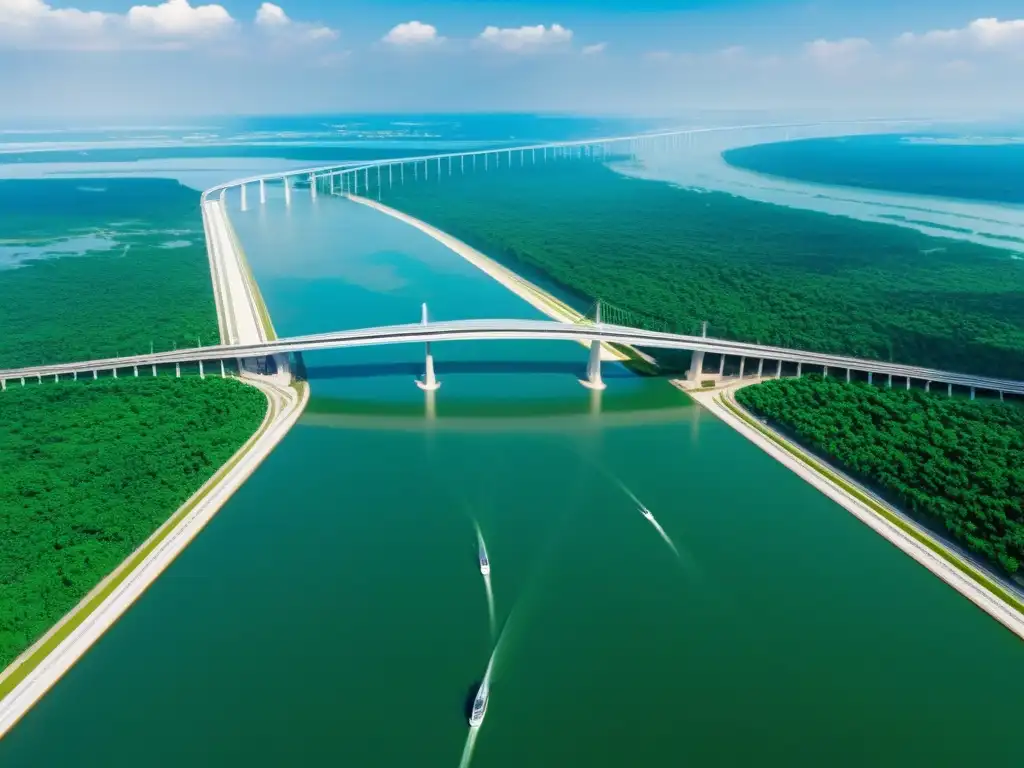 Vista aérea del puente más largo, con diseño moderno y características de ingeniería revolucionaria, integrado en un entorno impresionante