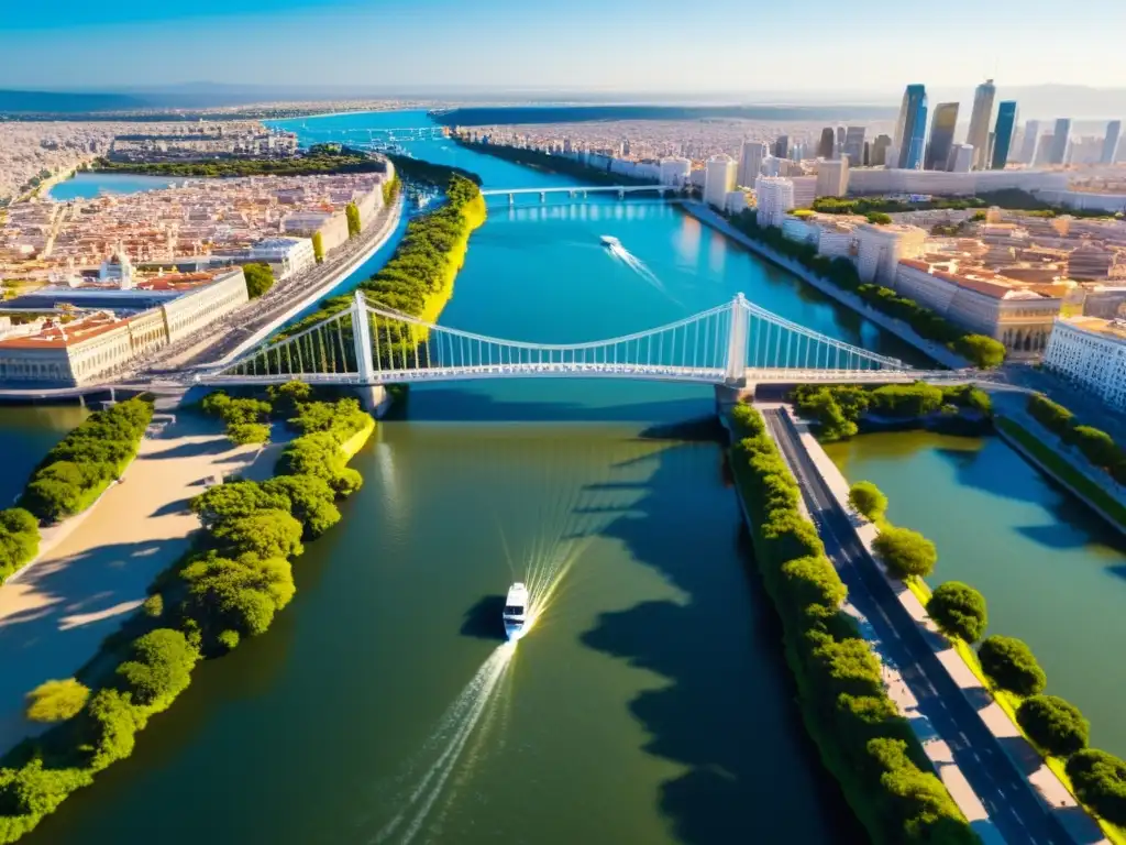 Vista aérea en 3D del Puente de la Libertad, mostrando sus detalles arquitectónicos y su entorno