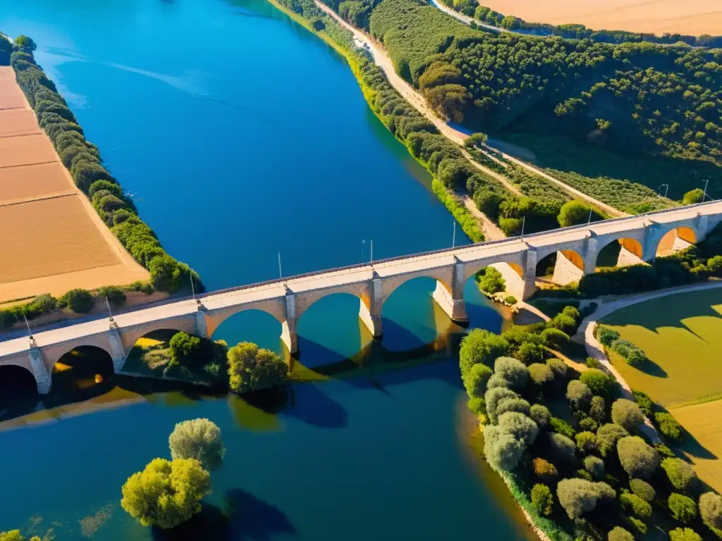 Vista aérea del Puente de Alcántara, majestuosa estructura romana sobre el río Tajo