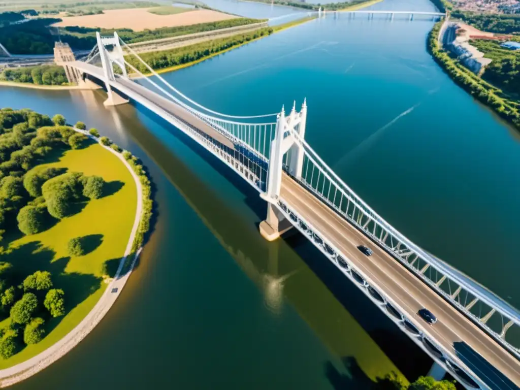 Vista aérea de puente majestuoso sobre río, capturada por un dron