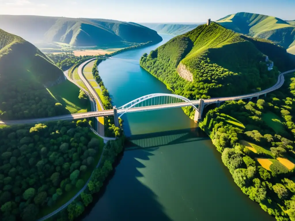 Vista aérea de un puente majestuoso capturado por un dron, resaltando su belleza y grandeza