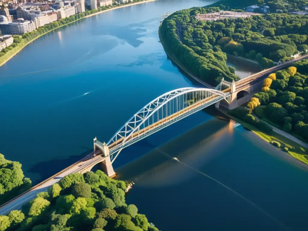 Vista aérea de un puente majestuoso sobre un río brillante al atardecer, resaltando su arquitectura y travesaños de acero