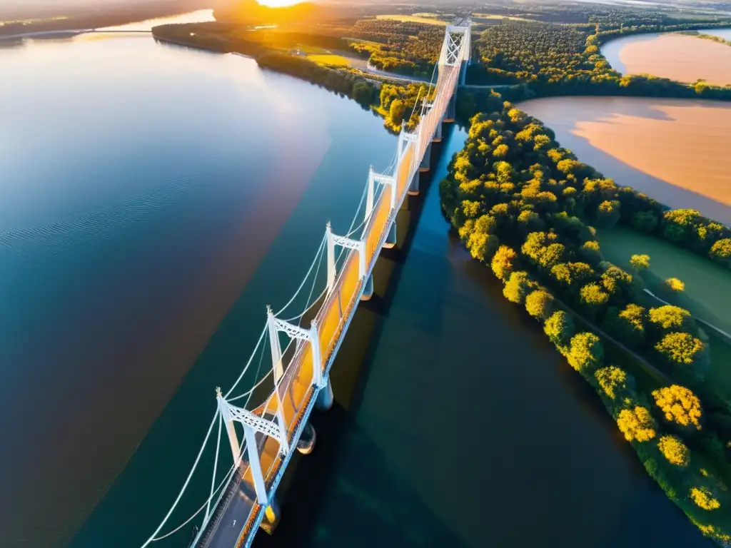 Vista aérea de un puente majestuoso sobre un río al atardecer