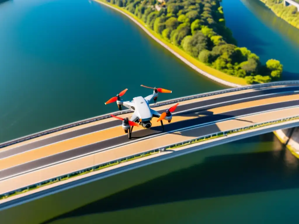 Vista aérea de un puente majestuoso con sensores de drones para inspección de puentes, capturando detalles arquitectónicos y paisaje