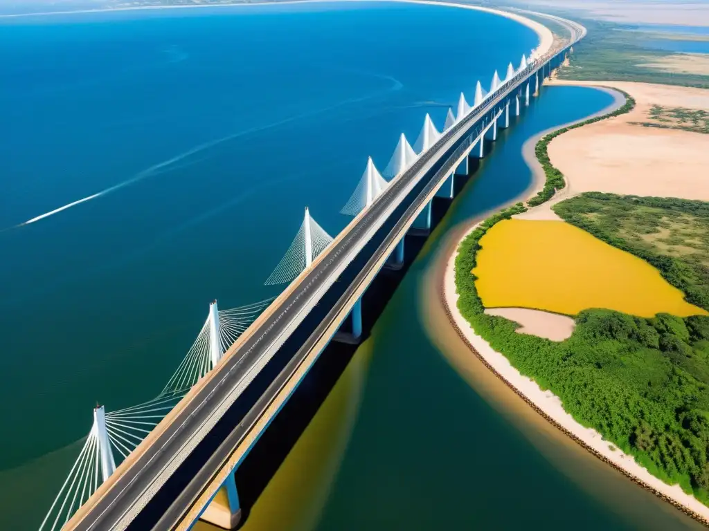 Vista aérea de puente Maputo-Catembe en Mozambique, con estructura cableada y paisaje africano, símbolo de conectividad y progreso en África