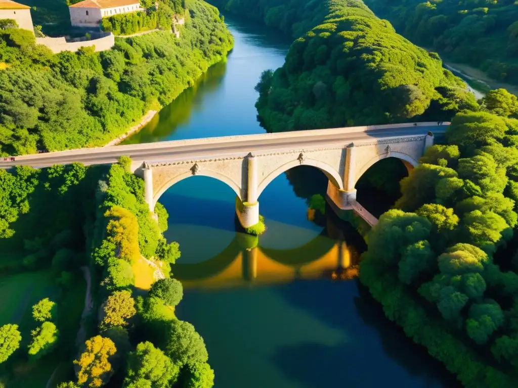 Vista aérea del Puente del Espíritu Santo, construcción medieval rodeada de naturaleza serena y bañada por cálida luz dorada